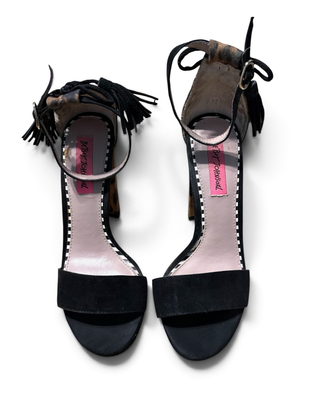 Betsey Johnson Black Suede Animal Print Tassel Ankle-Strap Heels